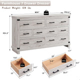 Farmhouse 7 Drawers Dresser for Bedroom, Wood Large Chest of Drawers with Thick Plank Styling, Rustic Closet Dresser for Bedroom, Living Room, Antique Brush White RedLemon