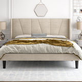 HOOMIC King Size Modern Beige Platform Bed Frame with Geometric Wingback Headboard HOOMIC
