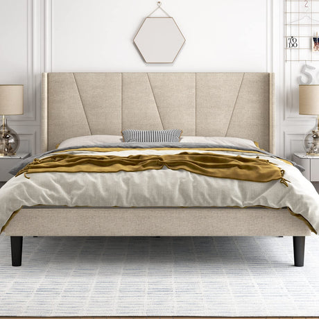 HOOMIC King Size Modern Beige Platform Bed Frame with Geometric Wingback Headboard HOOMIC