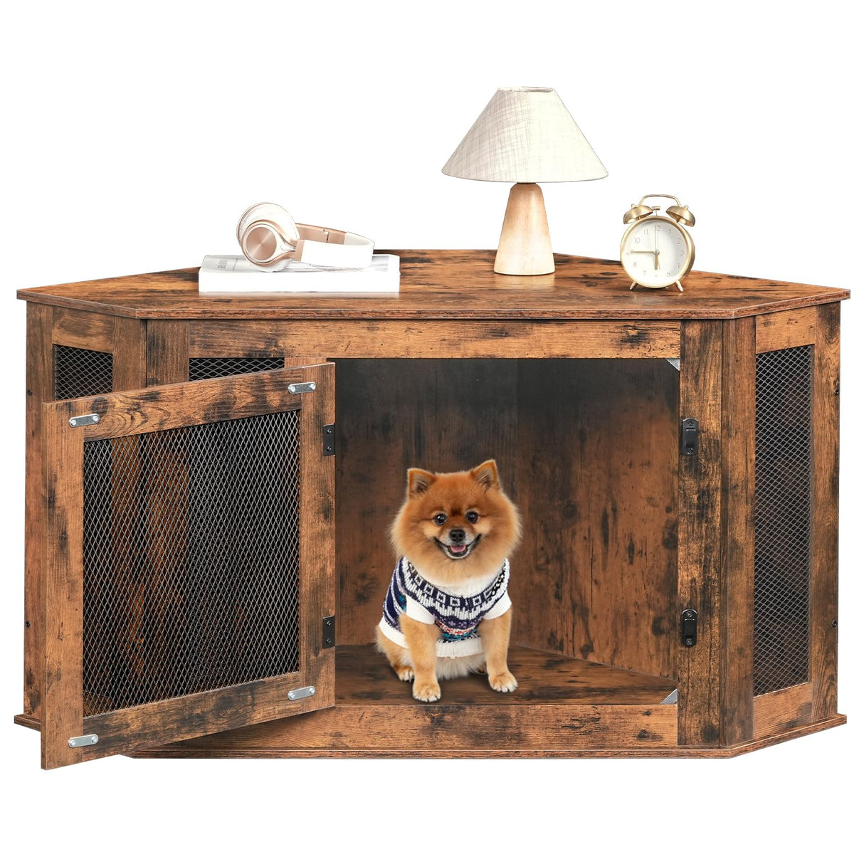 MAHANCRIS Corner Dog Crate Furniture, Wooden Dog Kennel End Table, Decorative Pet Crate Indoor Use, Furniture Style Dog House for Small Medium Dog, Dog Cage TV Stand, Rustic Brown DCRB0801 MAHANCRIS