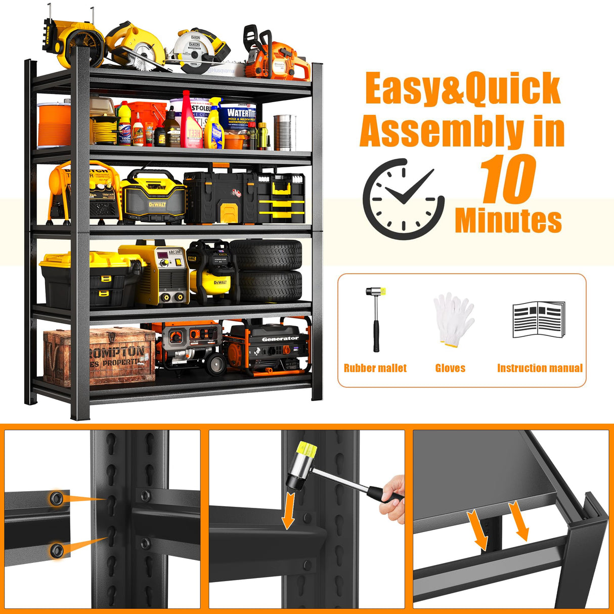 78''H Garage Shelving Heavy Duty Garage Storage Shelves, 3000 LBS Adjustable 5 Tier Industrial Shelving Unit, Metal Utility Shelf for Basement, Warehouse and Workshop (78''Hx36''Wx16''D, Black) ErgoNova