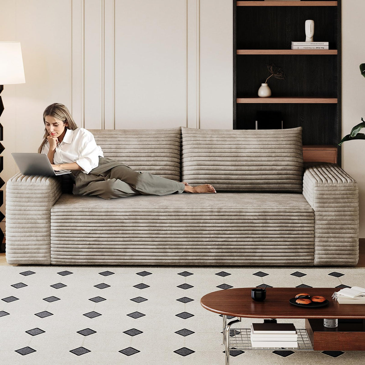 Modern Corduroy Loveseat Sofa,2-Seater Cloud Couch with Memory Foam and Furry Pillows,Deep Seat Small Sofa with Wide Armrests,No Assembly Couch in a Box for Bedroom,Small Space (Camel，63in) LUCKHAO