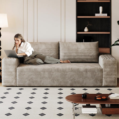 Modern Corduroy Loveseat Sofa,2-Seater Cloud Couch with Memory Foam and Furry Pillows,Deep Seat Small Sofa with Wide Armrests,No Assembly Couch in a Box for Bedroom,Small Space (Camel，63in) LUCKHAO