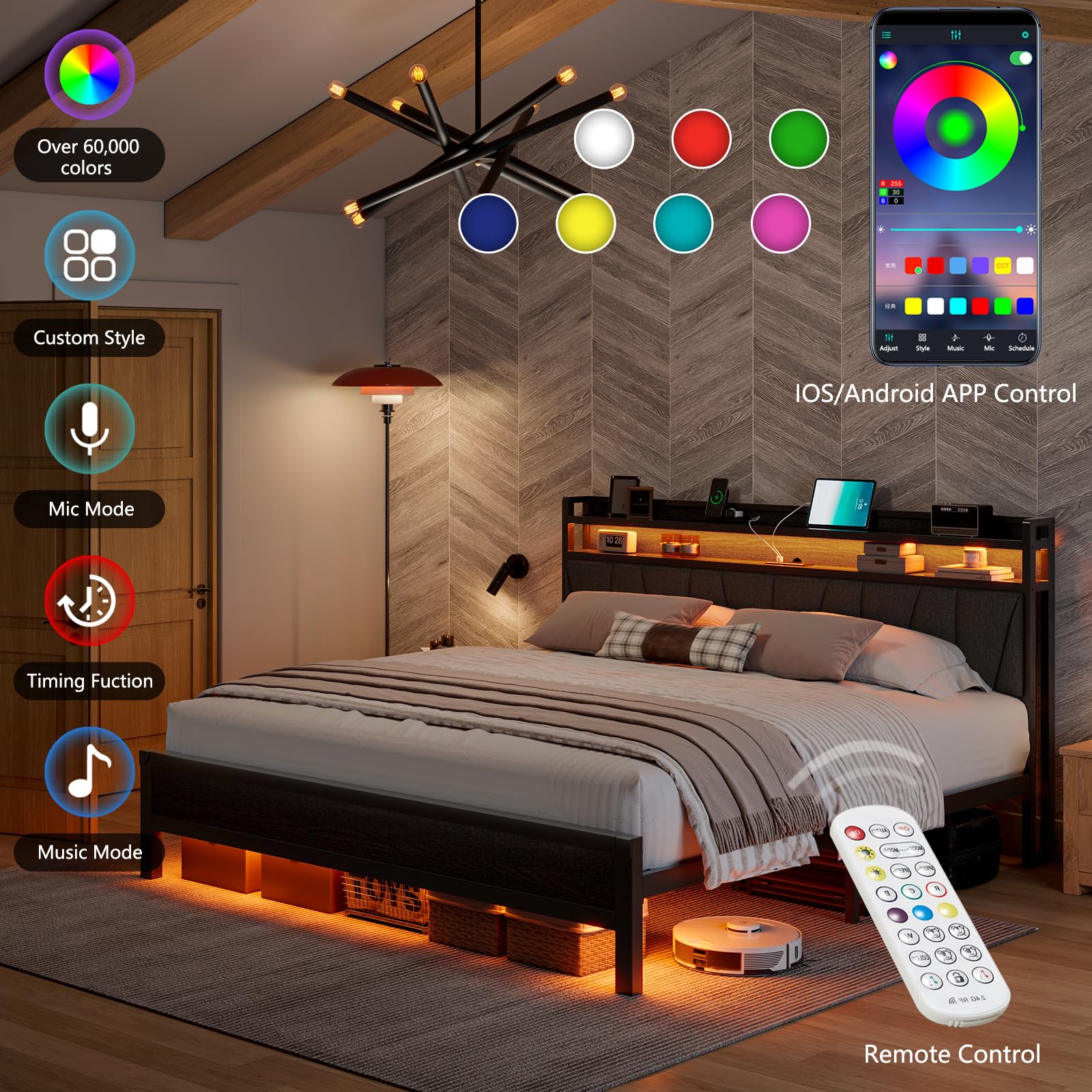 LUXOAK King Size Bed Frame with LED Lights, Charging Station & Upholstered Headboard in Black - WoodArtSupply