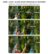 Flybold Obstacle Course for Kids - 40 Ft Ninja Warrior Slackline Kit with 8 Adjustable Obstacles - Tree Protectors, Twin Gear Ratchets, Carry Bag - Complete Outdoor Adventure Set flybold