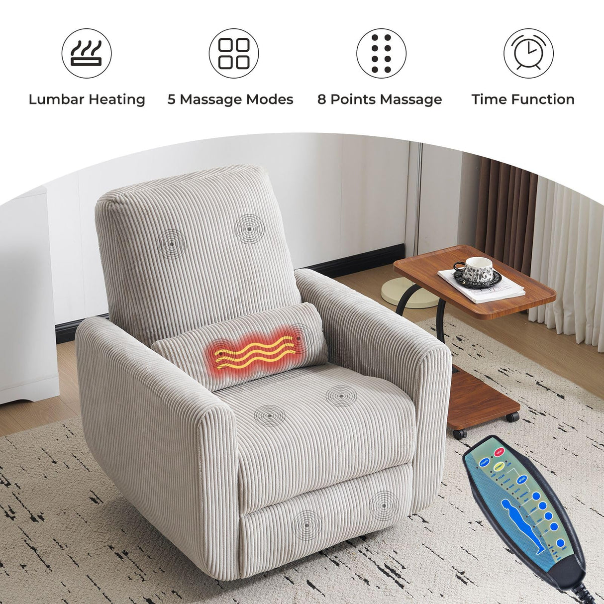 Rhevoy 360° Swivel Glider Recliner Chair, Oversized Rocker Recliner with Heating and Massage, Glider Chair for Nursery with Pillow,24" Extra Wide Rocking Chair for Living Room, Grey Rhevoy