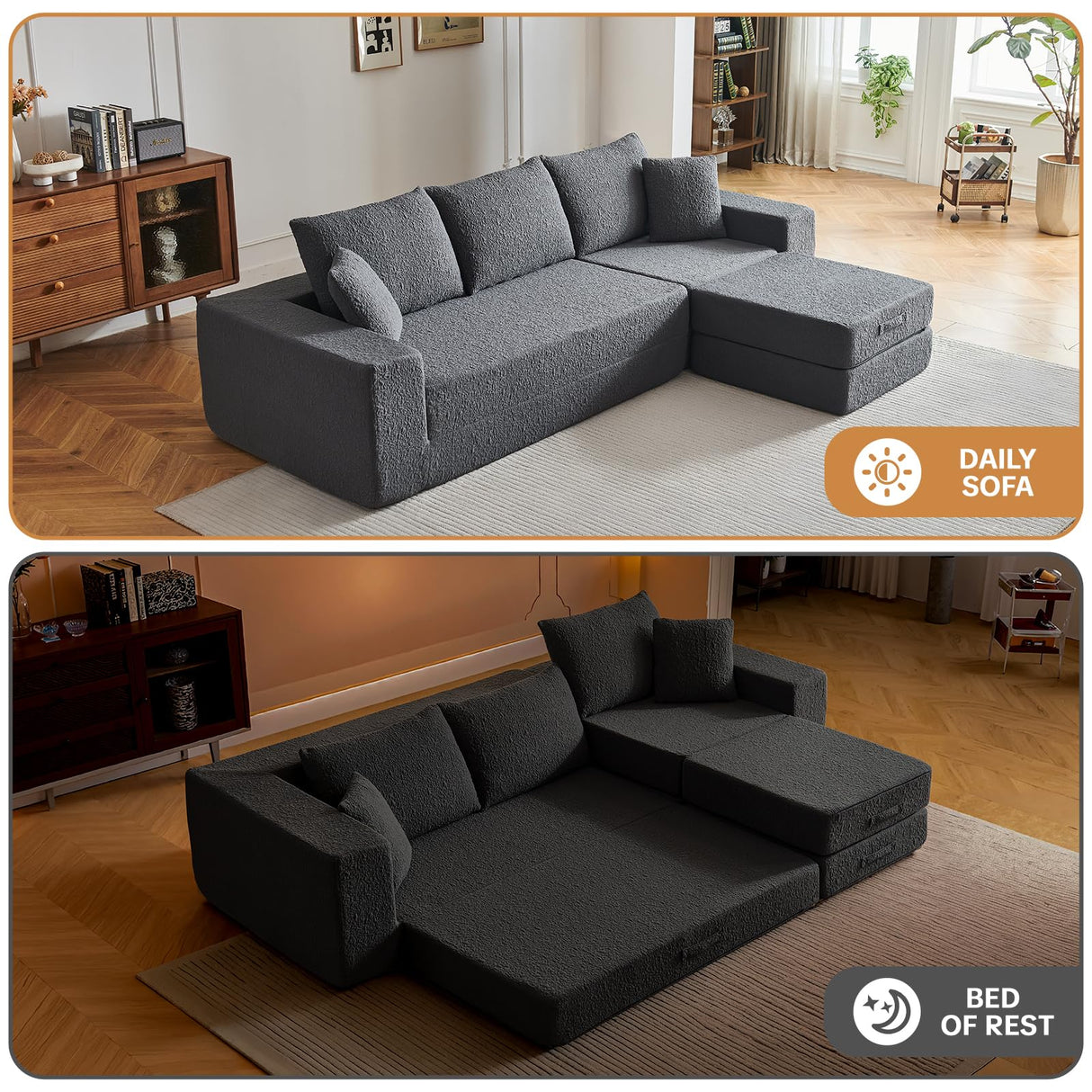 108" Modular Sectional Cloud Sofa - Boneless Couch with Deep Seat, Non Slip Base, Folding Sofa Sectional Couches for Living Room, Cozy Modular Couch with L-Shape Chaise, No Assembly Required, Grey CozyMine