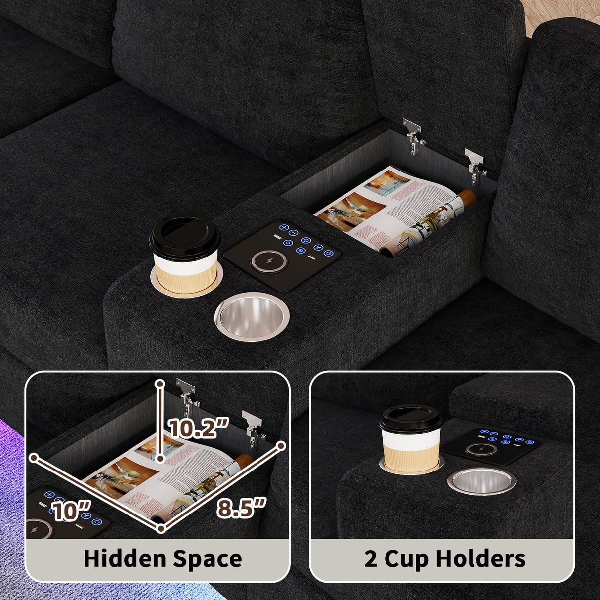 ZSDT Sectional Couches for Living Room, 6 Seat Sectional Sofa Smart Module-Bluetooth Speaker/RGB Light/Charging Station, Chenille U Shaped Couch with 2 Movable Storage Ottomans (Black) ZSDT