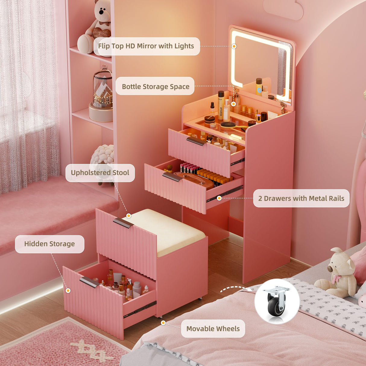 Lvifur 3 in 1 Small Vanity Desk with Plip Top Mirror,Makeup Vanity Set with Visible Glass Desktop,Compact Vanity with 3 Drawers,Storage Compartment and Padded Stool,Dressing Table for Bedroom,Pink Lvifur