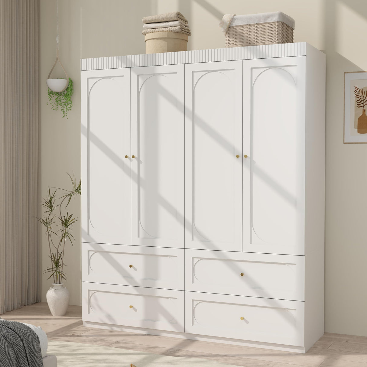 Mhsatyrs White Armoire Wardrobe Closet: 74" Tall Wardrobe Closet with 4 Doors, Wood Large Armoire with 4 Drawers, Modern Bedroom Armoires with Hanging Rod (White) Mhsatyrs