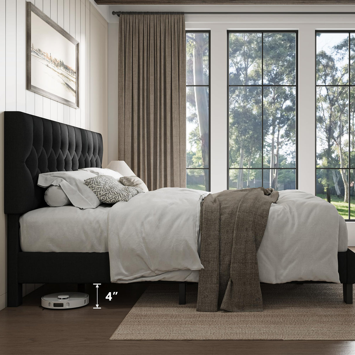 iPormis Upholstered King Size Bed Frame with Button Tufted Headboard, Linen Platform Bed with Thickened Support Legs, Noise-Free/No Box Spring Needed/Easy Assembly, Black iPormis