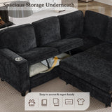 KEIKI 81" L-Shaped Oversized Chenille Modular Sectional Sleeper Sofa with Pull-Out Bed, Storage Seat, Modern 5-Seater Upholstered Couch Bed with Charging Station, Easy Assembly, for Living Room, Black KEIKI