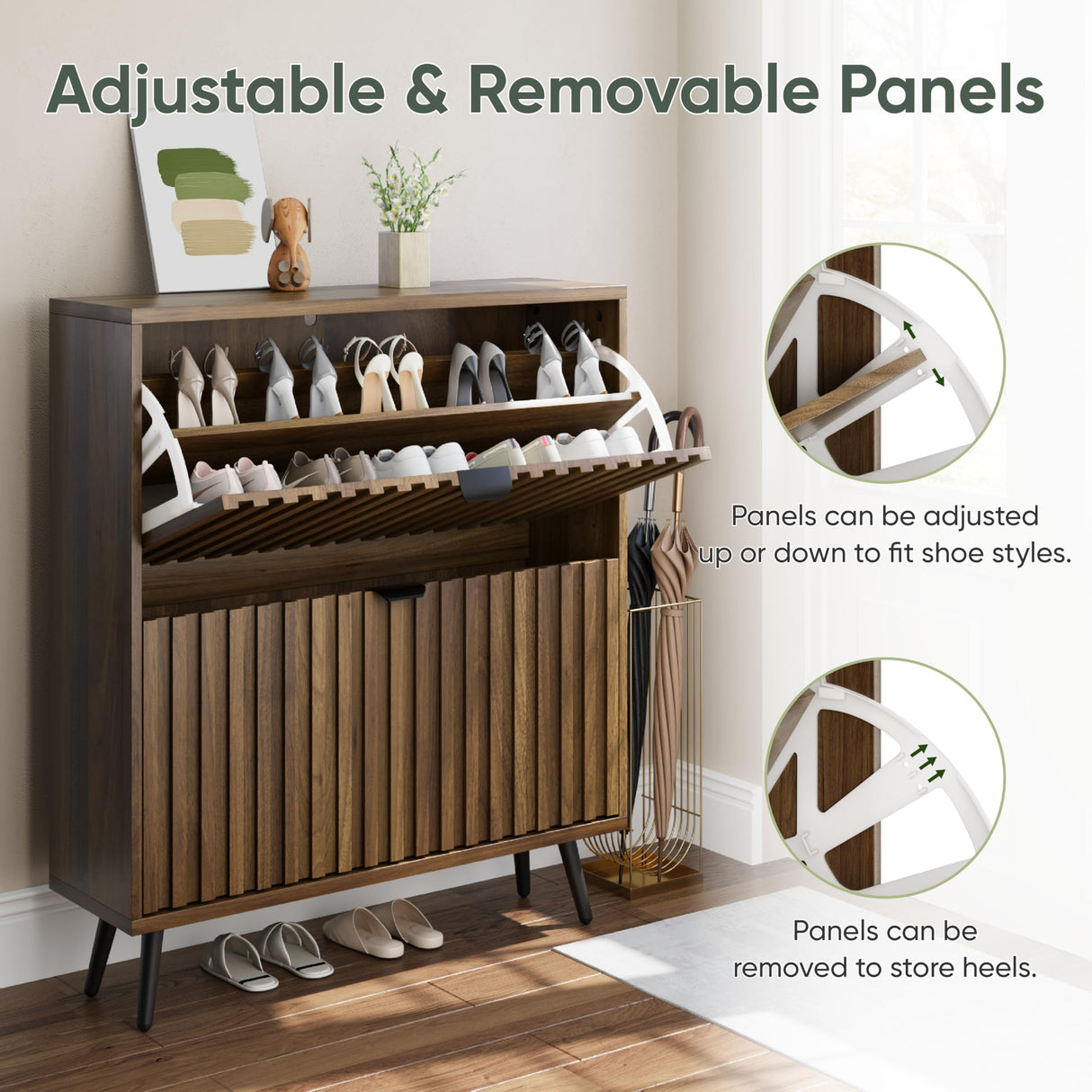 Smuxee Shoe Cabinet with 2 Flip Drawers, 31.5" Walnut Hidden Shoe Storage Cabinet with Fluted Design, Freestanding Shoe Organizer Cabinet for Entryway, Hallway, Closet, Living Room Smuxee