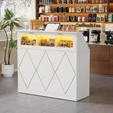 PAKASEPT Reception Desk with LED Lights, L-Shaped Modern Front Desk with Glass Display Shelf, Reception Counter Table for Lobbies, Salons, Retail, Home Offices (White) PAKASEPT
