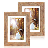 iRahmen 5x7 Picture Frame Set of 2, Rustic Brown Wood with Glass Photo Frame - Display Pictures 4x6 with Mat or 5 x 7 without Mat for Horizontal or Vertical Table top and Wall Mounting iRahmen