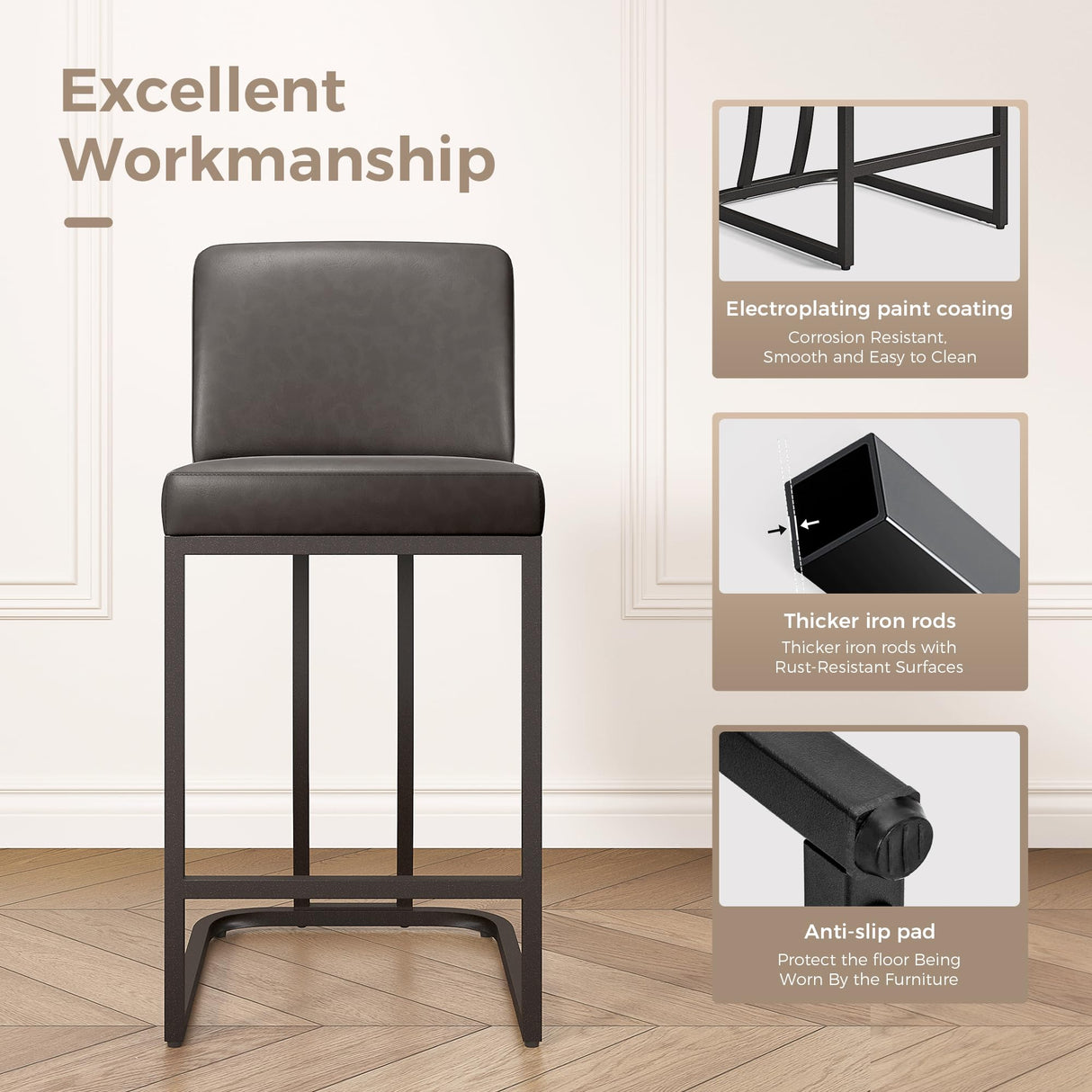 MAISON ARTS Counter Height Bar Stools with Back Set of 3 for Kitchen Counter, 24 Inch Modern Upholstered Faux Leather Barstools Farmhouse Bar Chairs Luxury Island Stools Support 330LBS, Grey MAISON ARTS