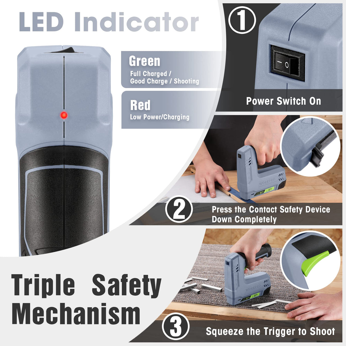 WORKPRO 3.6V Power Electric Cordless 2-in-1 Staple and Nail Gun, 2.0Ah Battery Powered Stapler for Upholstery, Crafts, DIY, Including USB Charger Cable, 2000PCS of Staples and Nails, Grey WORKPRO