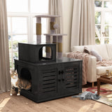 DKLGG Large Wooden Cat Tree House with Hidden Litter Box Enclosure | Multi-Functional Cat Furniture Featuring Sisal Scratching Post, Plush Perch Platform & Divided Condo for Indoor Cats (Black) DKLGG