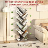 SHEEPAM 10 Tier Tree Book Shelf, Floor Standing Wood Bookshelf for Narrow Space, Storage Organizer Bookshelves for Books/CDs/Magazine, Bookcase with Shelves for Home Office, Living Room - Light Grey SHEEPAM