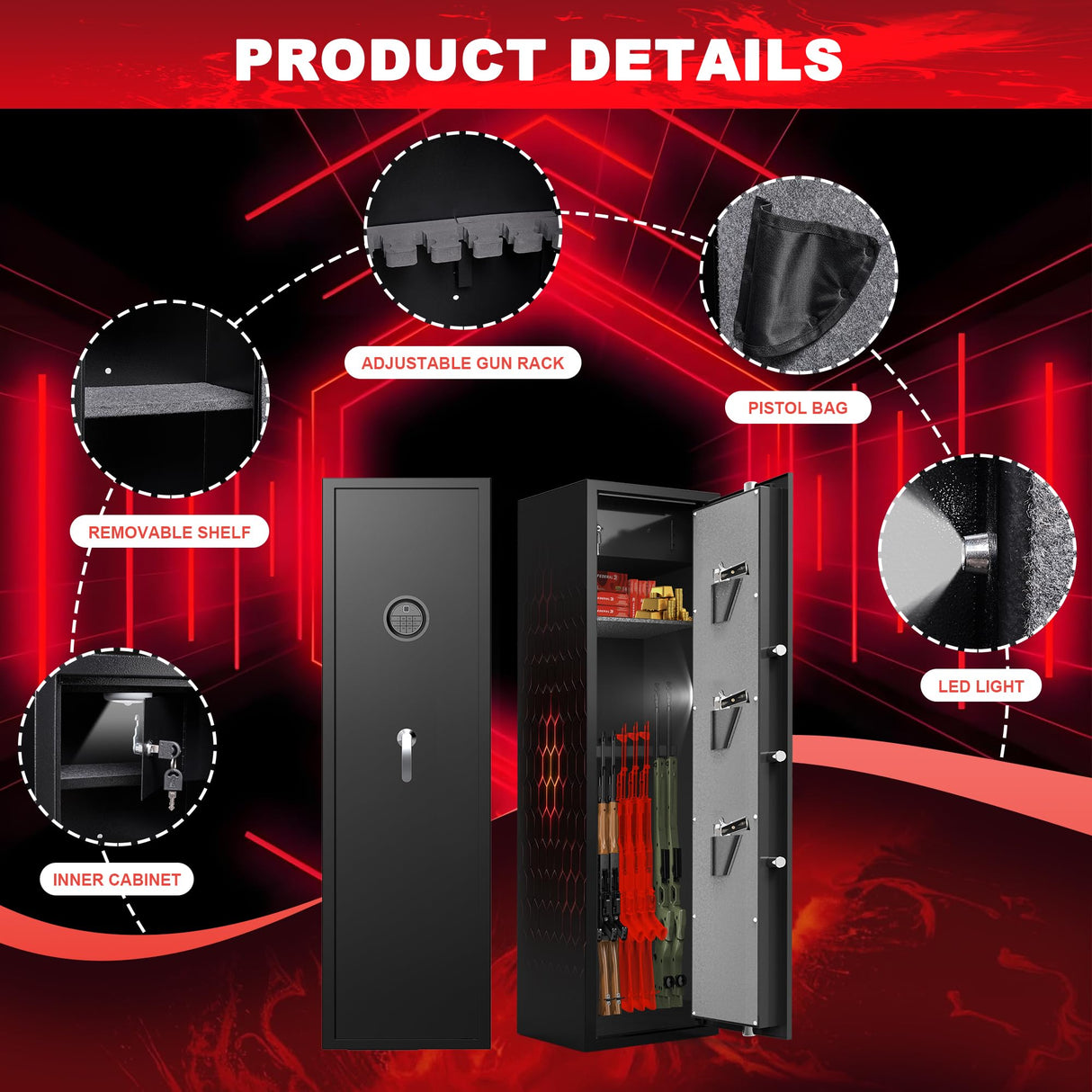 8-10 Fingerprint Gun Safe for Rifles and Pistols, No Assembly Required Quick Access Biometric Gun Cabinet, Large Gun Locker for Pistols and Shotguns, Dual Alarm & Mute Mode Switching SHICHI