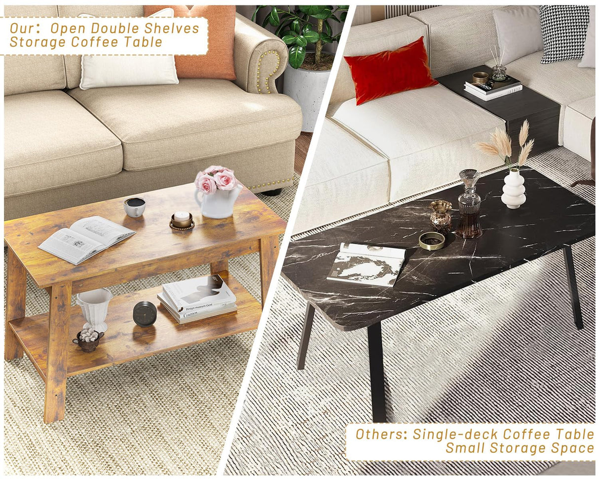 GarveeHome 2-Tie Coffee Table, Rustic Wood Living Room Tables with Open Rectangular Storage Compartment, Coffee Tables for Living Room, Outdoors, Home Office, Bedroom, Retro Brown GarveeHome