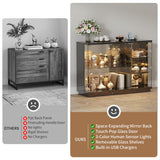 HNEBC Lockable Display Curio Cabinet with Glass Door,47.2" W Glass Display Cabinet with 3 Color Lights for Collectibles,5-Tier Lighted Display Case with Human Sensor,Living Room,Black HNEBC