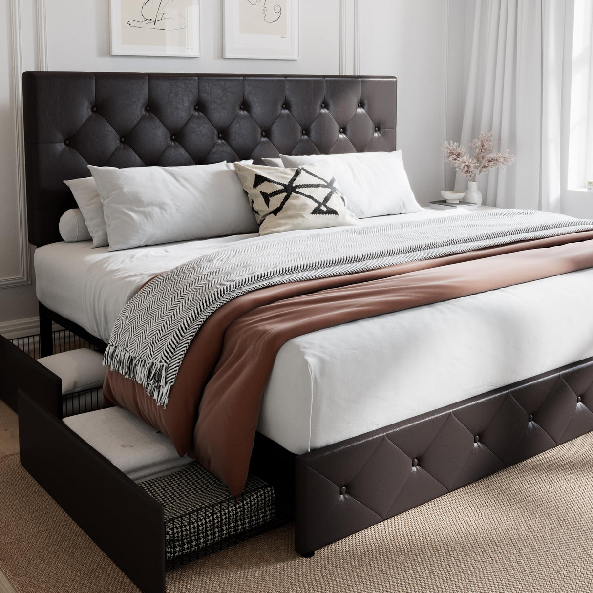 SHA CERLIN Upholstered King Size Platform Bed Frame with 4 Storage Drawers, Adjustable Headboard with Diamond Stitched Button Tufted Design, Wooden Slat Support, No Box Spring Needed, Black Brown SHA CERLIN