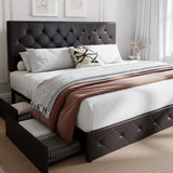 SHA CERLIN Upholstered King Size Platform Bed Frame with 4 Storage Drawers, Adjustable Headboard with Diamond Stitched Button Tufted Design, Wooden Slat Support, No Box Spring Needed, Black Brown SHA CERLIN