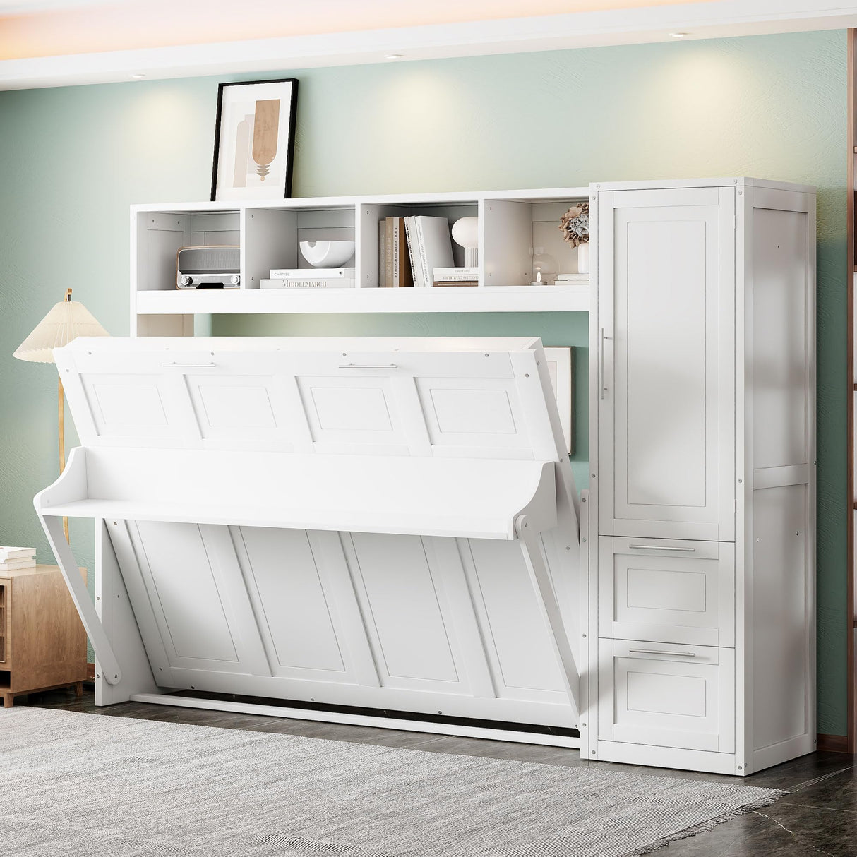 Ball & Cast Queen Size Murphy Bed Wall Chest with Closet and Storage Drawers,Wood Hideaway Platform Bedframe can be Folded,Easy Assembly,for Kids Bedroom,Student Dorms,White Ball & Cast