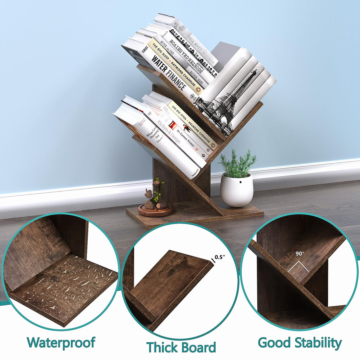 R RUISHENG 3 Tier Small Tree Bookshelf Desk Book Organizer Narrow Bookcases for Books Magazines CDs Free Standing Retro Wooden Storage Shelves for Home Office Bedroom Living Room Rustic Brown R RUISHENG