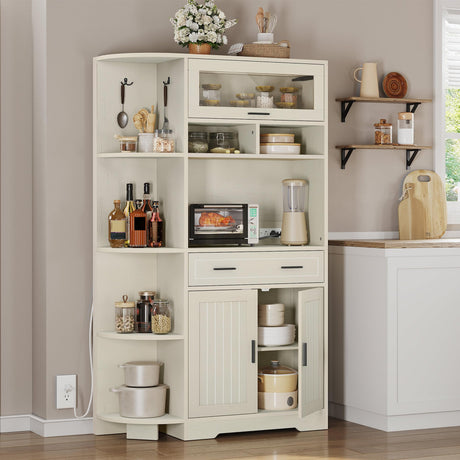 DWVO Kitchen Pantry Cabinet with Drawer, 67" Farmhouse Baker Rack with Power Outlets, Buffet Sideboard w/Microwave Stand, Cupboard Hutch Storage Cabinet for Kitchen, Living Room, Dining Room (White) DWVO