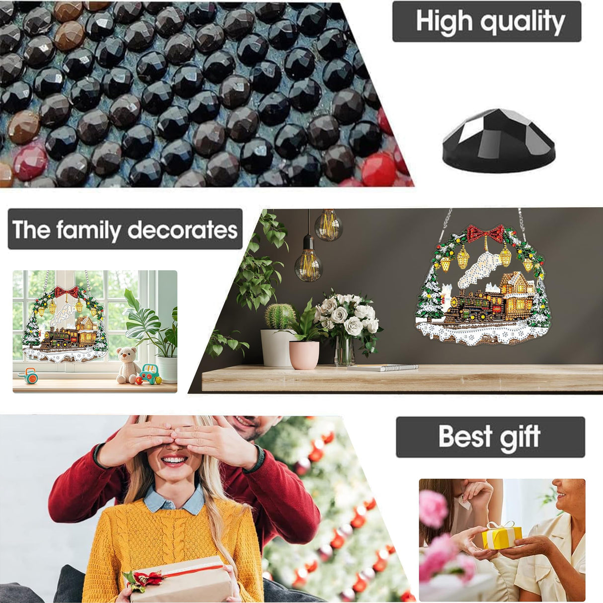 Yomiie Train House Sun Catcher Window Hanging - DIY Double Sided Diamond Painting Pendant Kit, Acrylic Diamonds Art Ornament for Front Door Sign & Indoor/Outdoor Garden Christmas Decor(8x8 inch) Yomiie