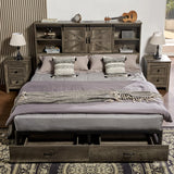 VanAcc Rustic Grey Queen Size Wooden Platform Bed Frame with Bookcase Headboard & Storage Drawers VanAcc
