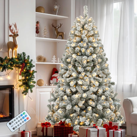 YITAHOME 6 FT Prelit Snow Flocked Christmas Tree with Remote, Hinged Pine Christmas Tree with 250 Warm White/Multicolor Changing Lights, 1100 Branch Tips, and Foldable Base for Home, Party Decoration YITAHOME