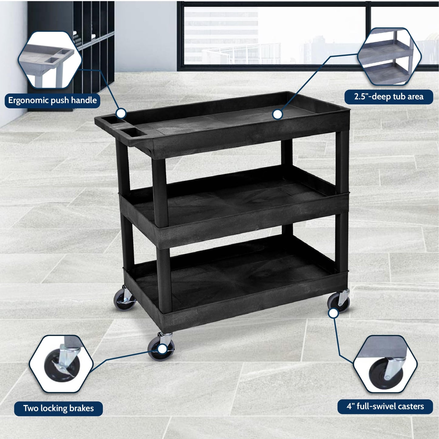 LUXOR EC111-B Tub Storage Cart 3 Shelves - Black,32" x 18" - WoodArtSupply