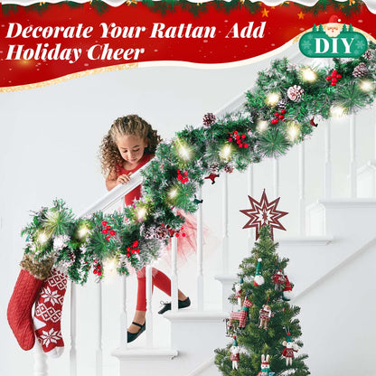 BlessedSeason Christmas Garland with Lights, 9FT Artificial Lighted Garland Indoor for Stairs, Fireplace, 50 Lights Green Garland, Pine Cones & Red Berries & Pine Needle