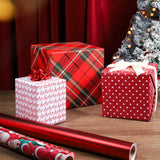 BIOBROWN Reversible Christmas Wrapping Paper - 17 Inch X 33 Feet (46.7 sq. ft. ttl.) - Red Tartan Plaid and HOHO Design Perfect for Xmas, Party, Holiday Gift Wrap BIOBROWN
