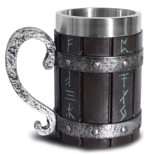 Nordic Viking Rune Beer Mug, Resin Beer Stein Tankard Cup Stainless Steel Wooden Viking Coffee Cool Mug Viking Gift for Men Beer Cup Stein - WoodArtSupply