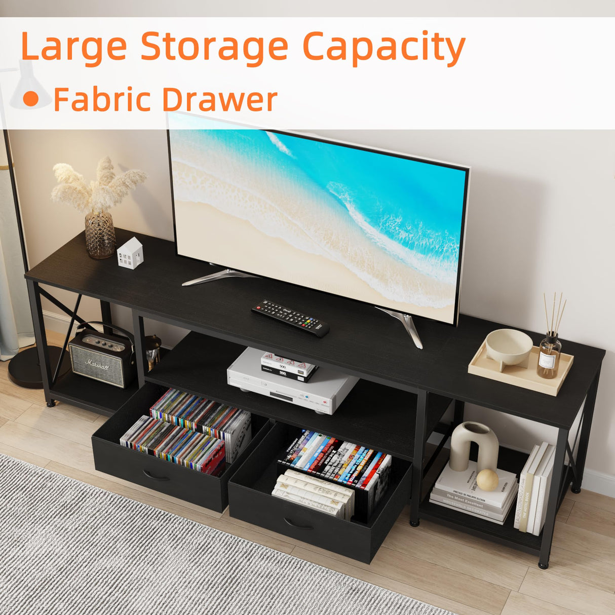 GYIIYUO TV Stand with Fabric Drawers for 75 80 Inches TV - Entertainment Center and Industrial TV Console Table with Open Storage Shelves for Living Room, Bedroom- 71.5" Black GYIIYUO