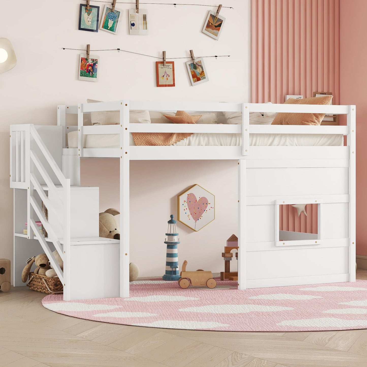 Twin Size Low Loft Bed with Stairs, Kids Loft Bed with Storage,Solid Wood Twin Loft Bed Frame for Kids, Space Saving Low Loft Bed for Boys, Girls, White