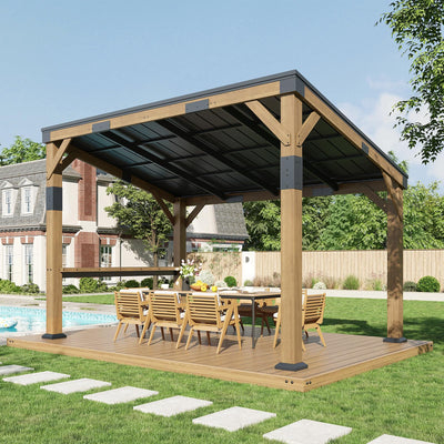 AMERLIFE 10x14 FT Hardtop Wood Grill Gazebo with Permanent Galvanized Steel Lean to Canopy & Built-in Bar Shelf – Outdoor BBQ Gazebo Pergola for Deck, Backyard, Garden