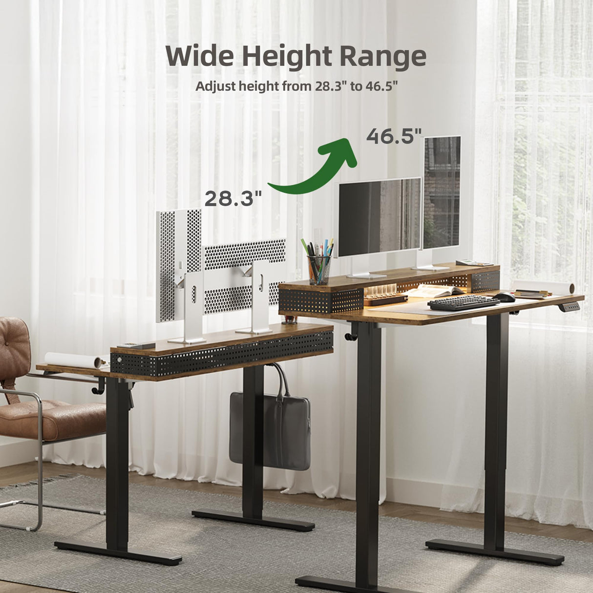 Claiks Electric Standing Desk with Shelf, 48 Inch Height Adjustable Standing Desk with LED Lights & Monitor Stand, Black Frame/Rustic Brown Top Claiks