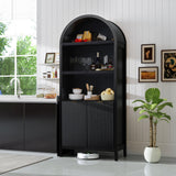 LYNCOHOME 71 Inch Fluted Arched Cabinet with Doors, Tall Storage Cabinet, Oak Wood Finish, Adjustable Shelves, Arched Bookcase for Dining Room,Kitchen（Black） LYNCOHOME