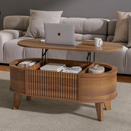 LYNCOHOME Fluted Lift Top Coffee Table with Storage,Modern Oval Coffee Table for Living Room or Home Office（Walnut） LYNCOHOME