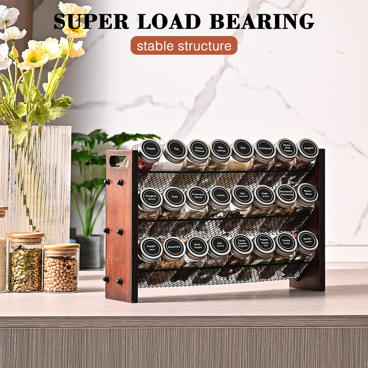 Roykoota Spice Rack, Spice Rack Organizer without Seasoning Jars, Wooden Spice Organizer, Rustic 3 Tier Kitchen Spice Rack Shelf for Cabinet, Countertop or Wall Mount Roykoota