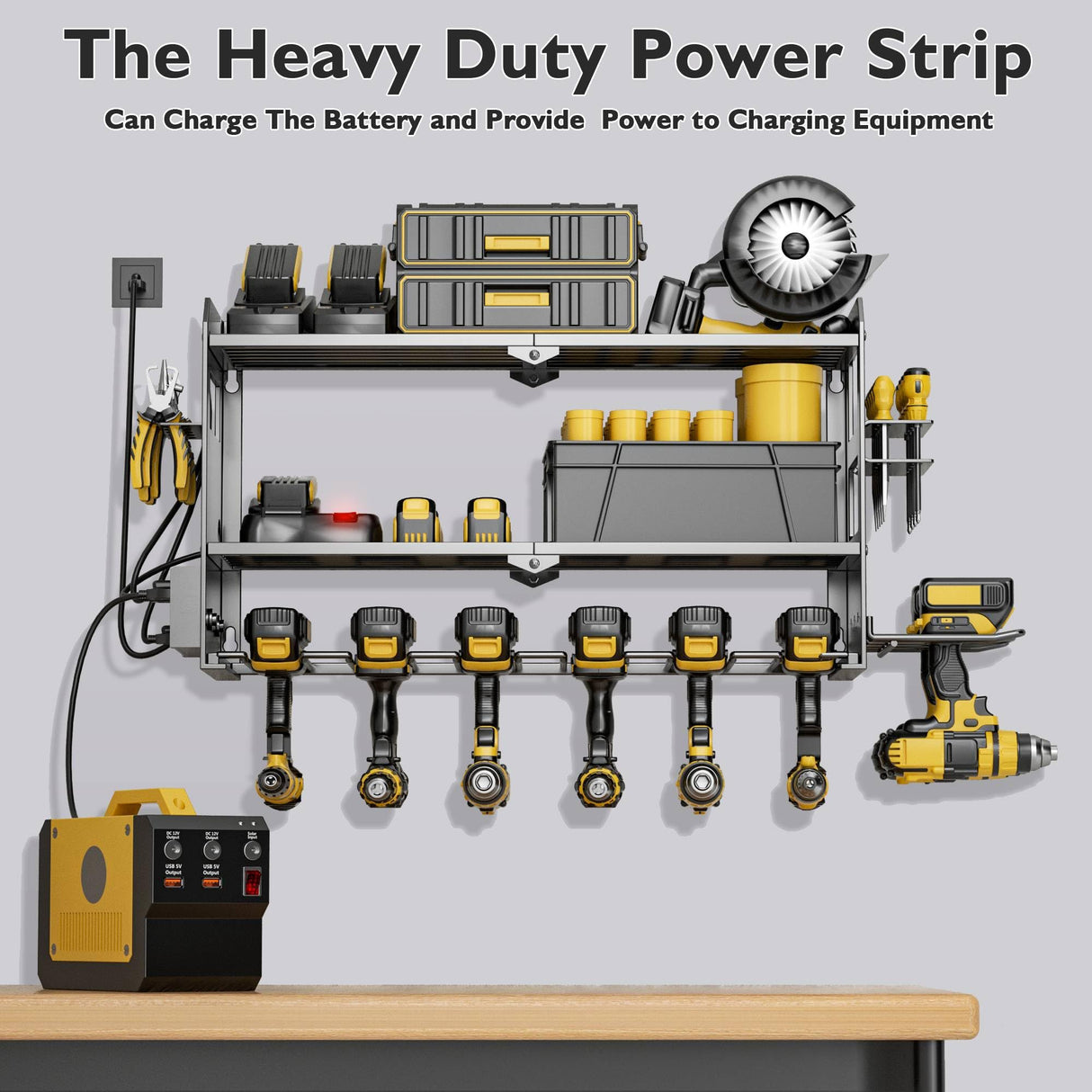 Power Tool Organizer Wall Mount with Charging Station, Cordless Drill and Battery Holder Shelf for Garage Organization,Heavy Duty Metal Tool Rack Storage, Load 300lbs, Built in 5 Outlet Power Strip massooan