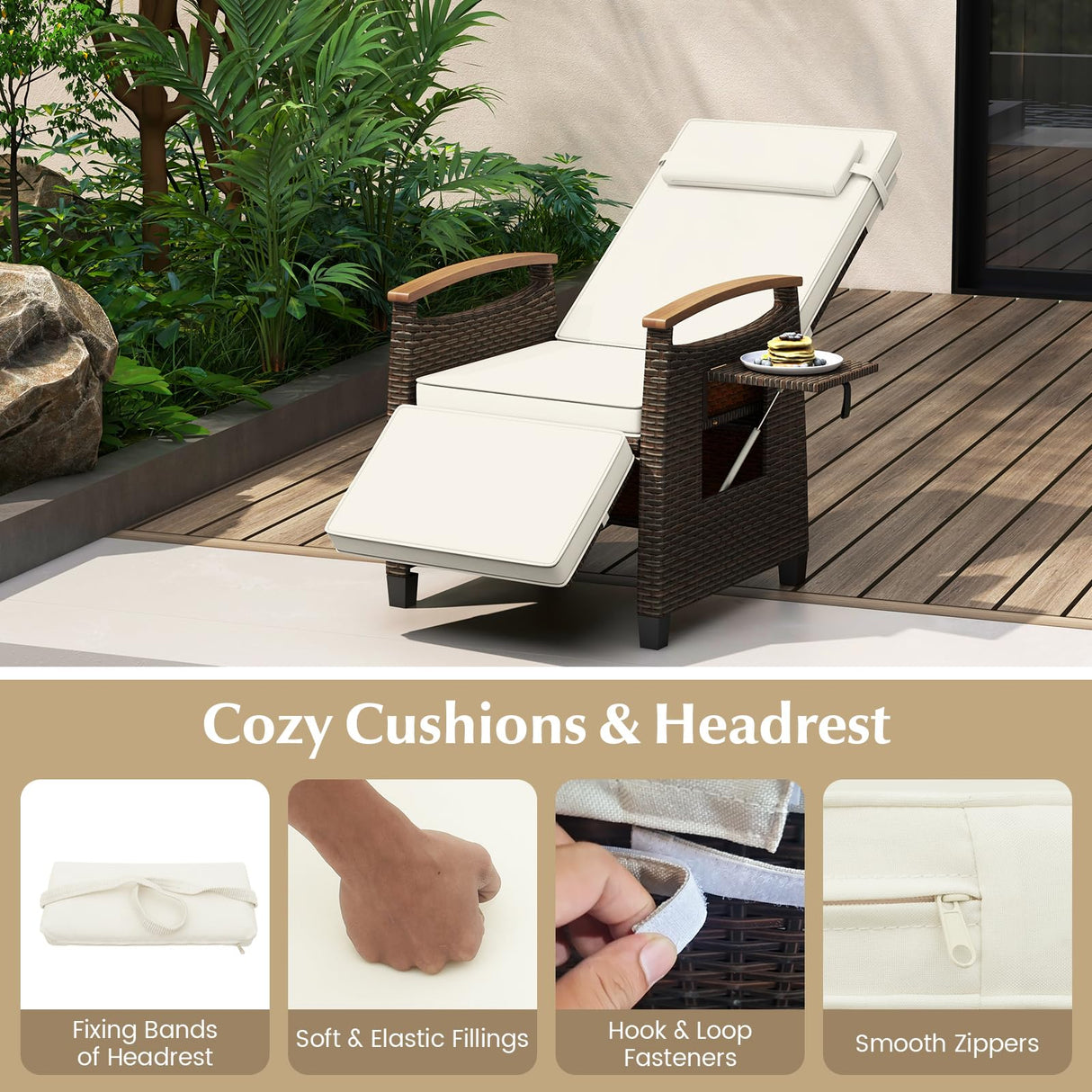 Tangkula Patio Wicker Recliner Chair, Rattan Lounge Chair w/Adjustable Backrest & Footrest, Flip Side Table, Push Back Reclining Seat w/Cushion for Backyard, Porch, Lawn (1, Off White) Tangkula