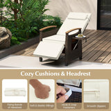 Tangkula Patio Wicker Recliner Chair, Rattan Lounge Chair w/Adjustable Backrest & Footrest, Flip Side Table, Push Back Reclining Seat w/Cushion for Backyard, Porch, Lawn (1, Off White) Tangkula