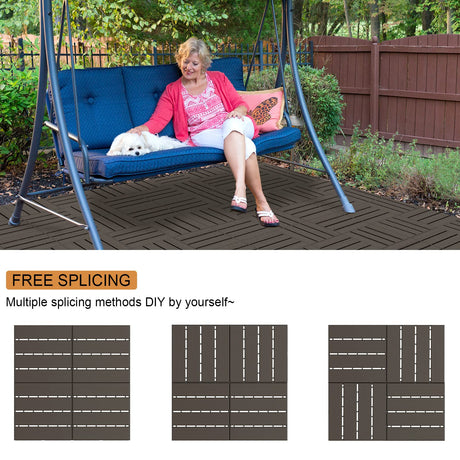 Goovilla Plastic Interlocking Deck Tiles, 9 Pack Patio Deck Tiles, 12"x12" Waterproof Outdoor Flooring All Weather Use, Patio Floor Decking Tiles for Porch Poolside Balcony Backyard, Dark Coffee Goovilla