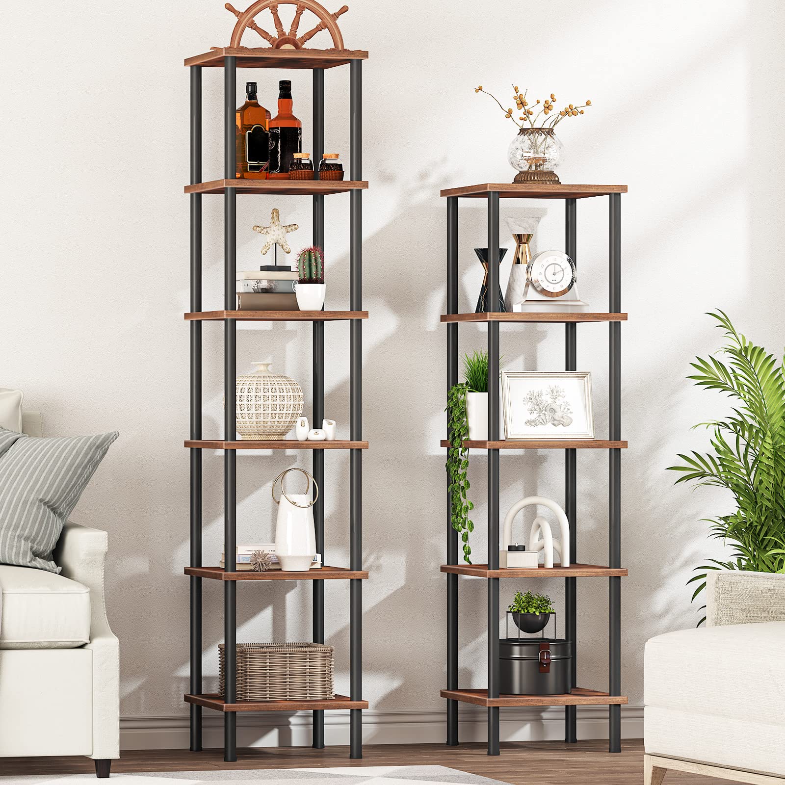 HOOBRO 6-Tier Rustic Brown and Black Corner Shelf for Stylish Storage and Display - WoodArtSupply